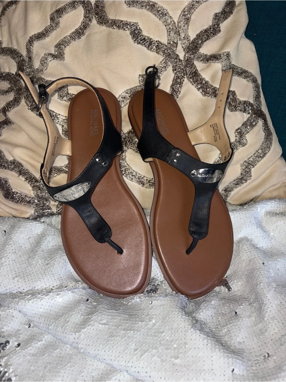 Michael Kors Black Leather Thong Sandals with Brown Footbed